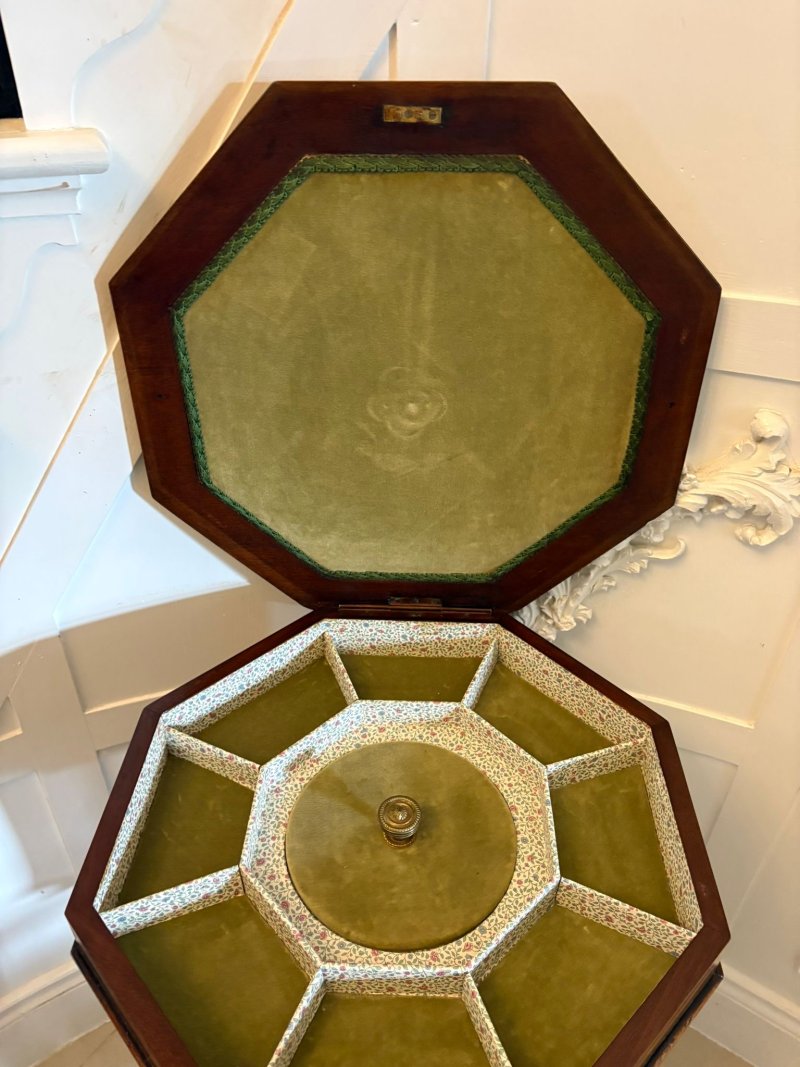 Antique Edwardian Inlaid Mahogany Octagonal Work / Lamp Table Sewing Table With Silk Basket - Image 8